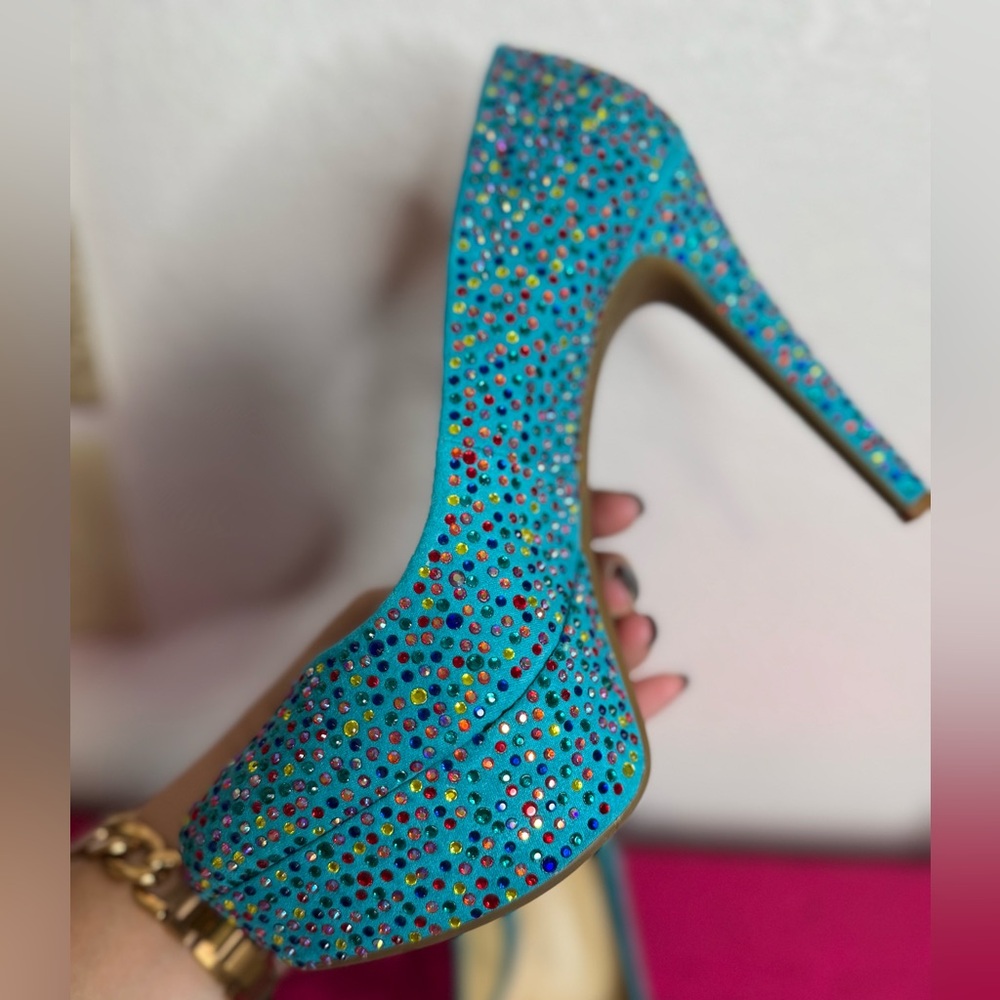 GIANNI BINI 💎Vibrant Blue Rhinestone Stud Platform Stilleto Party Heels (7.5) - Picture 11 of 11